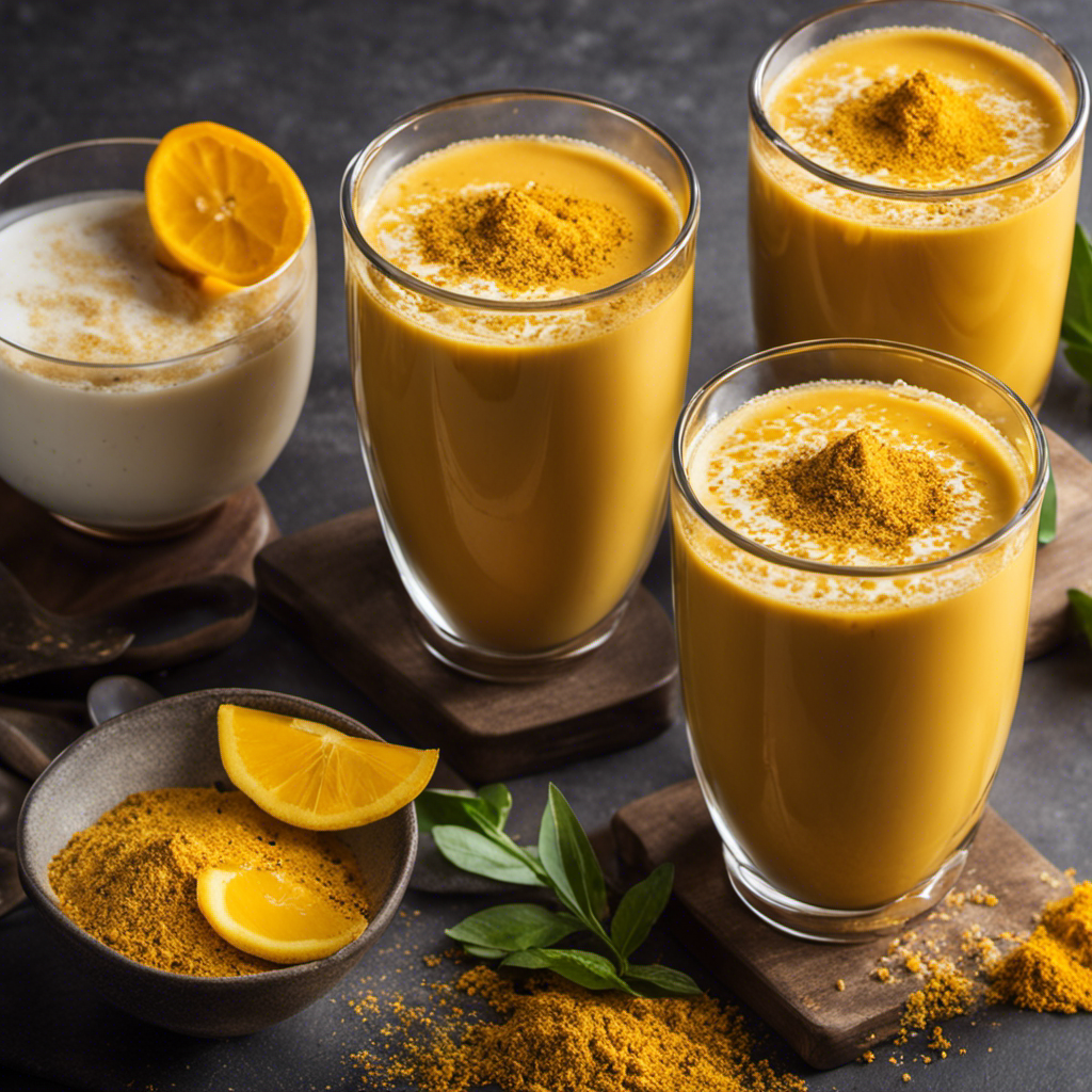 An image showcasing five vibrant cups of Golden Milk Turmeric Tea, each presented uniquely – steaming hot in a traditional mug, as a refreshing iced beverage, infused in a smoothie, drizzled over dessert, and blended into a creamy latte