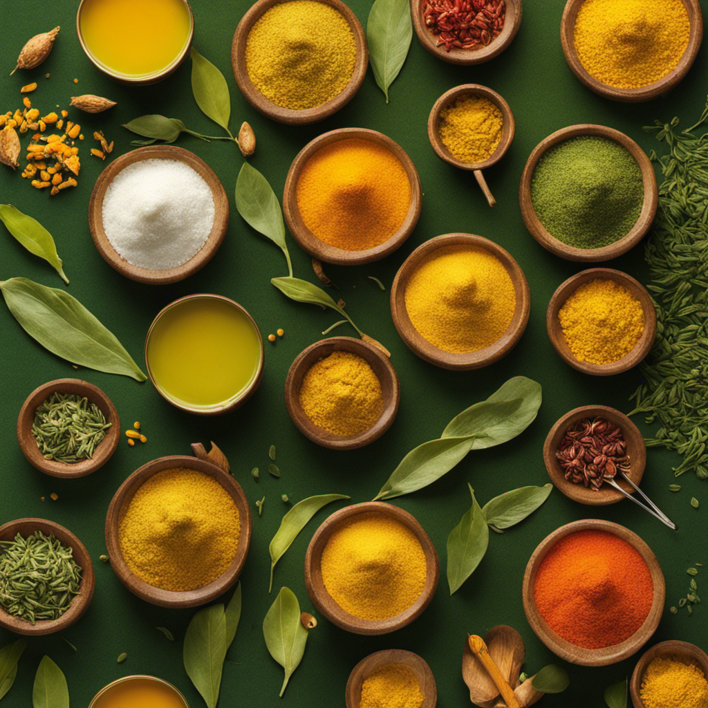 An image that showcases the vibrant hues of golden turmeric, earthy gram flour, delicate green tea leaves, and sparkling sea salt, intermingling in an enticing pattern of colors and textures
