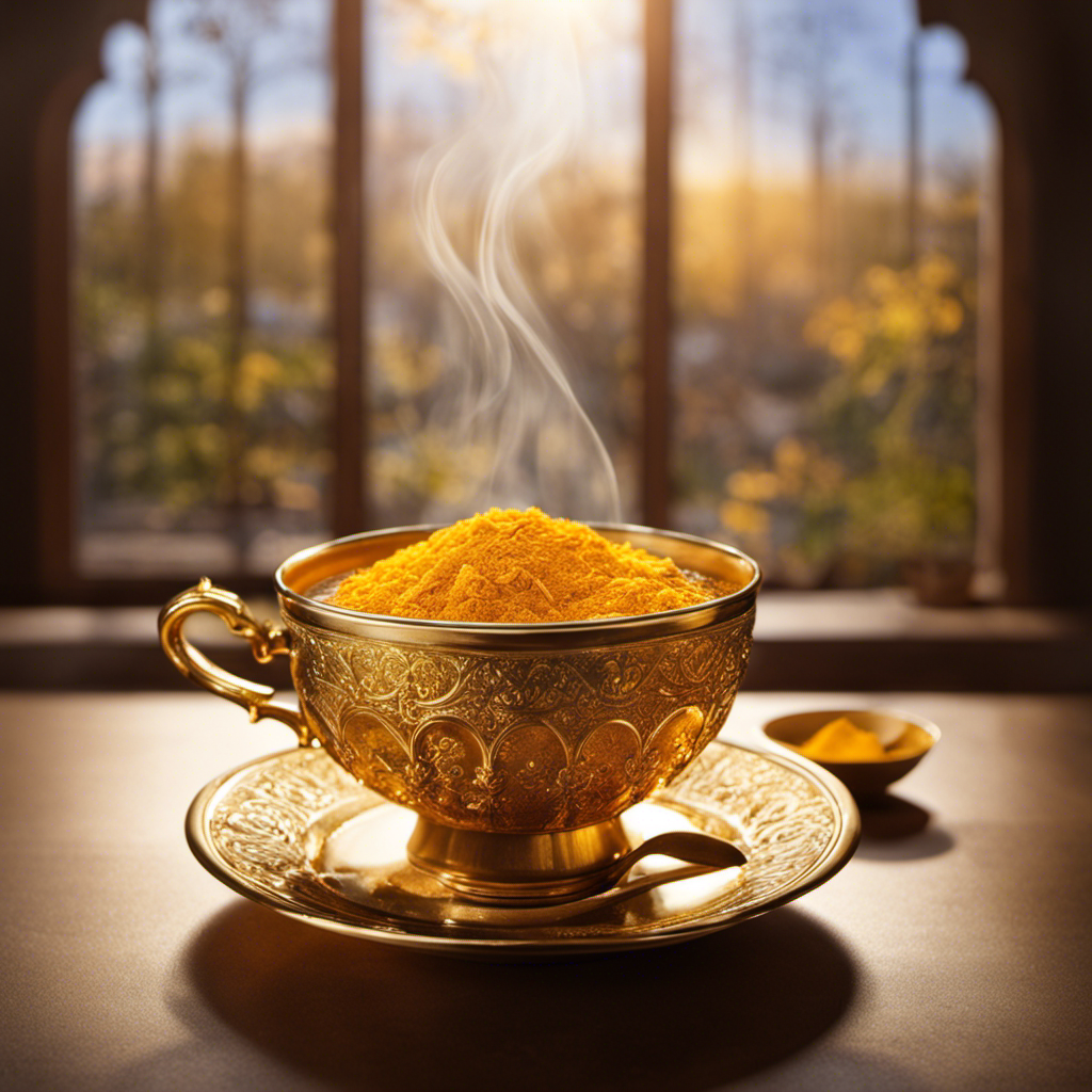 An image showcasing a vibrant, steaming cup of Great Value Ginger Turmeric Tea, with golden rays of sunlight filtering through a window, illuminating the delicate swirls of steam and highlighting the rich hues of the tea