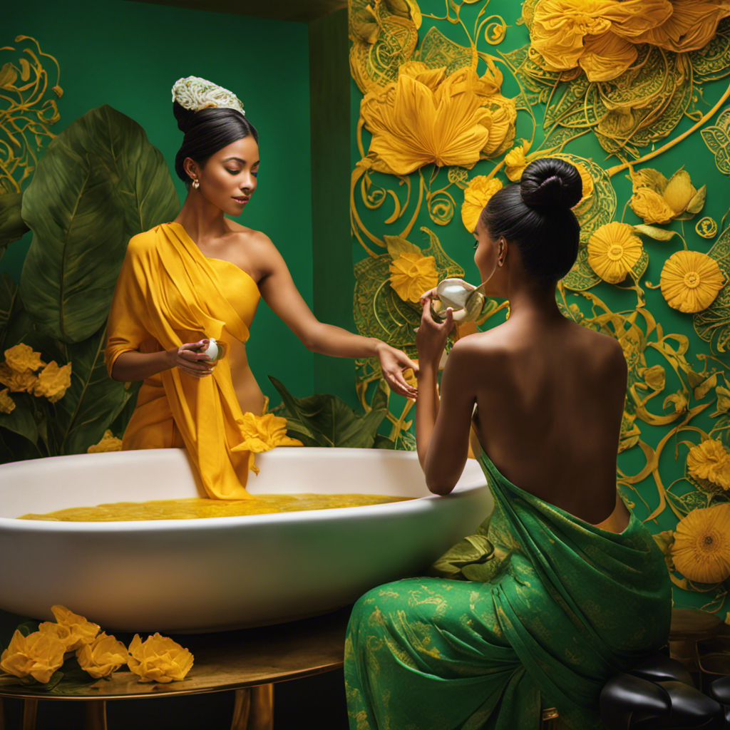 E showcasing a serene bathroom scene with a woman applying a luxurious face mask made from vibrant green tea and turmeric