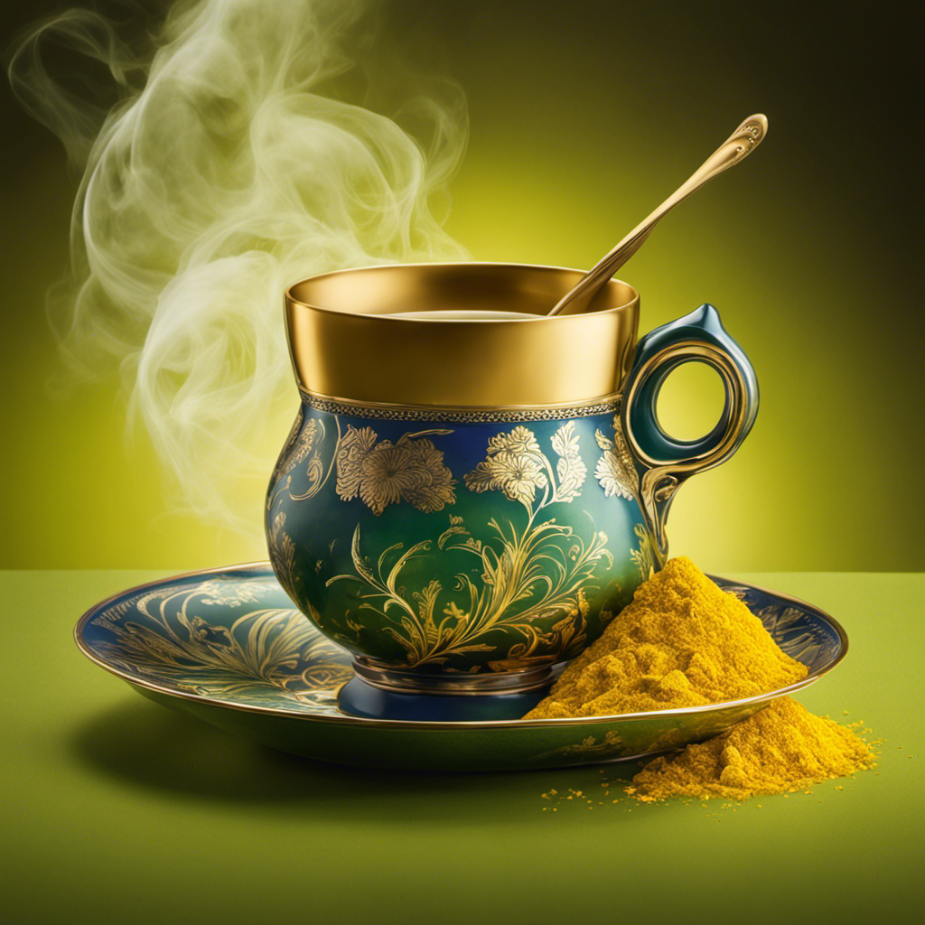 An image of a steaming cup of vibrant green tea gently infusing with golden turmeric, swirling together to form a mesmerizing blend