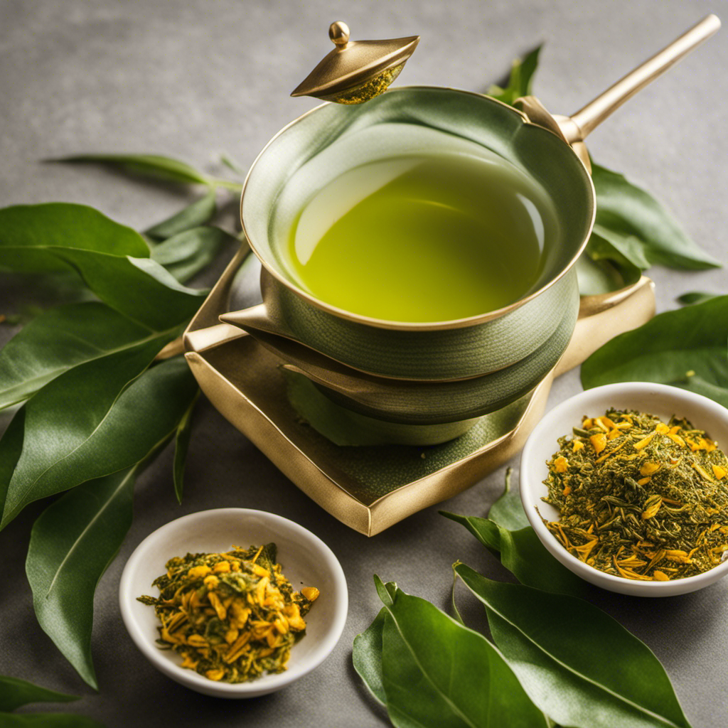 An image showcasing a vibrant green tea leaf, delicately infused with golden turmeric, as the two ingredients elegantly merge together, exuding freshness, health, and natural goodness