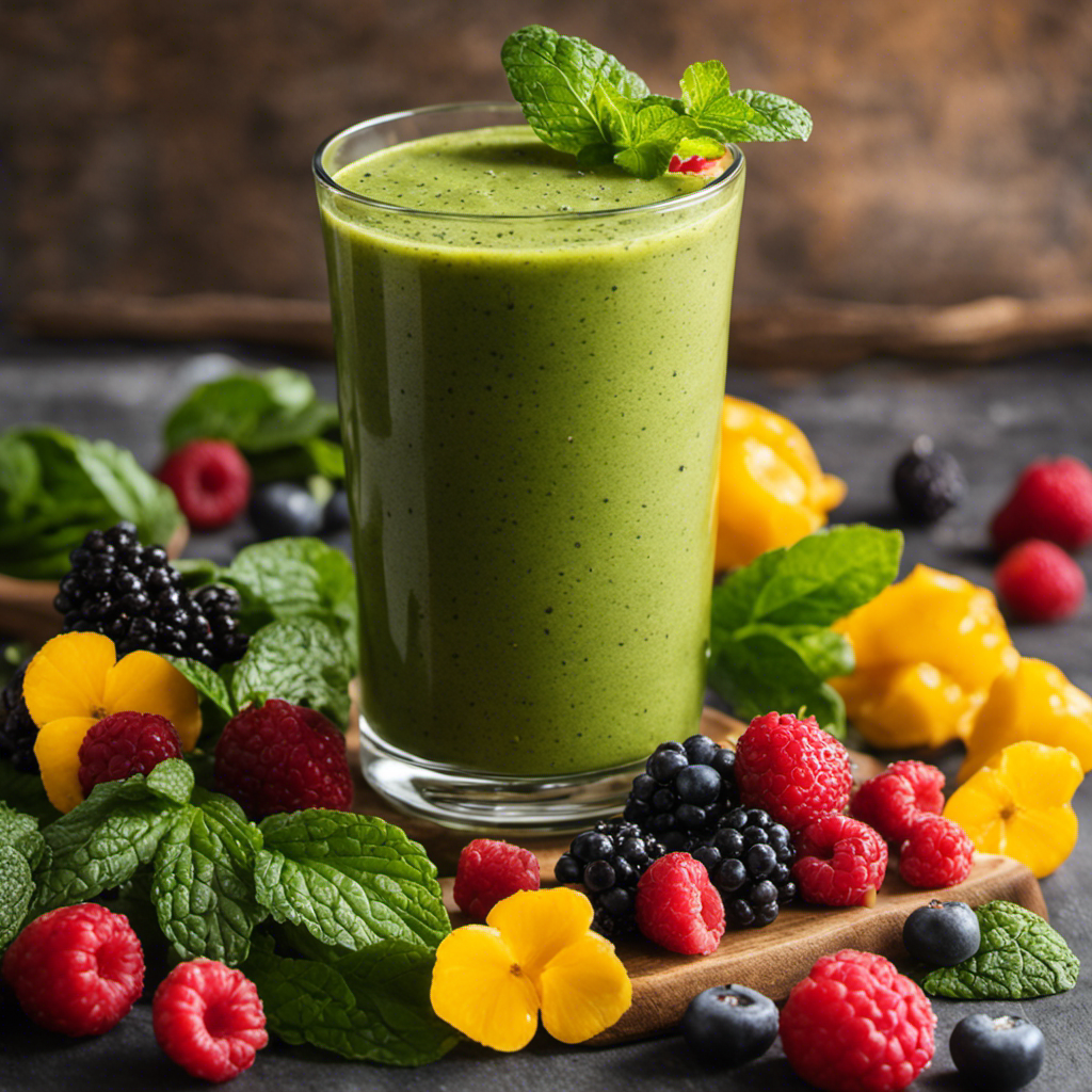 An image of a vibrant green smoothie overflowing with refreshing green tea, golden turmeric, and a medley of luscious berries