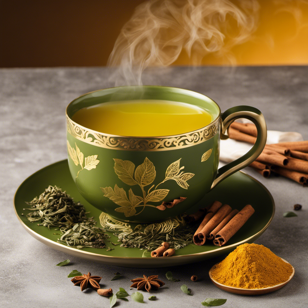 An image showcasing a vibrant green tea cup, filled with aromatic golden turmeric and cinnamon spices
