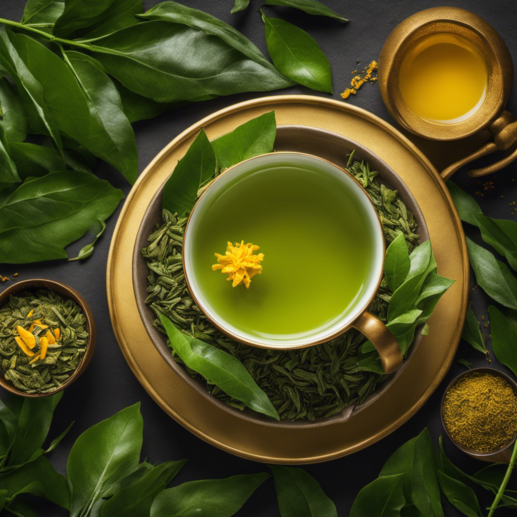 An image showcasing a vibrant cup of green tea infused with golden turmeric, surrounded by lush green tea leaves