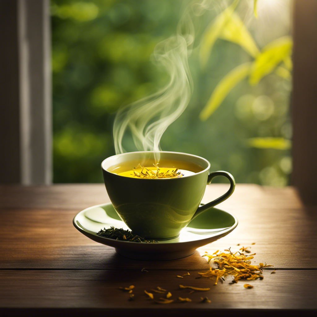 An image showcasing a serene, minimalist scene: A steaming cup of vibrant green tea, adorned with delicate turmeric swirls, resting on a wooden table