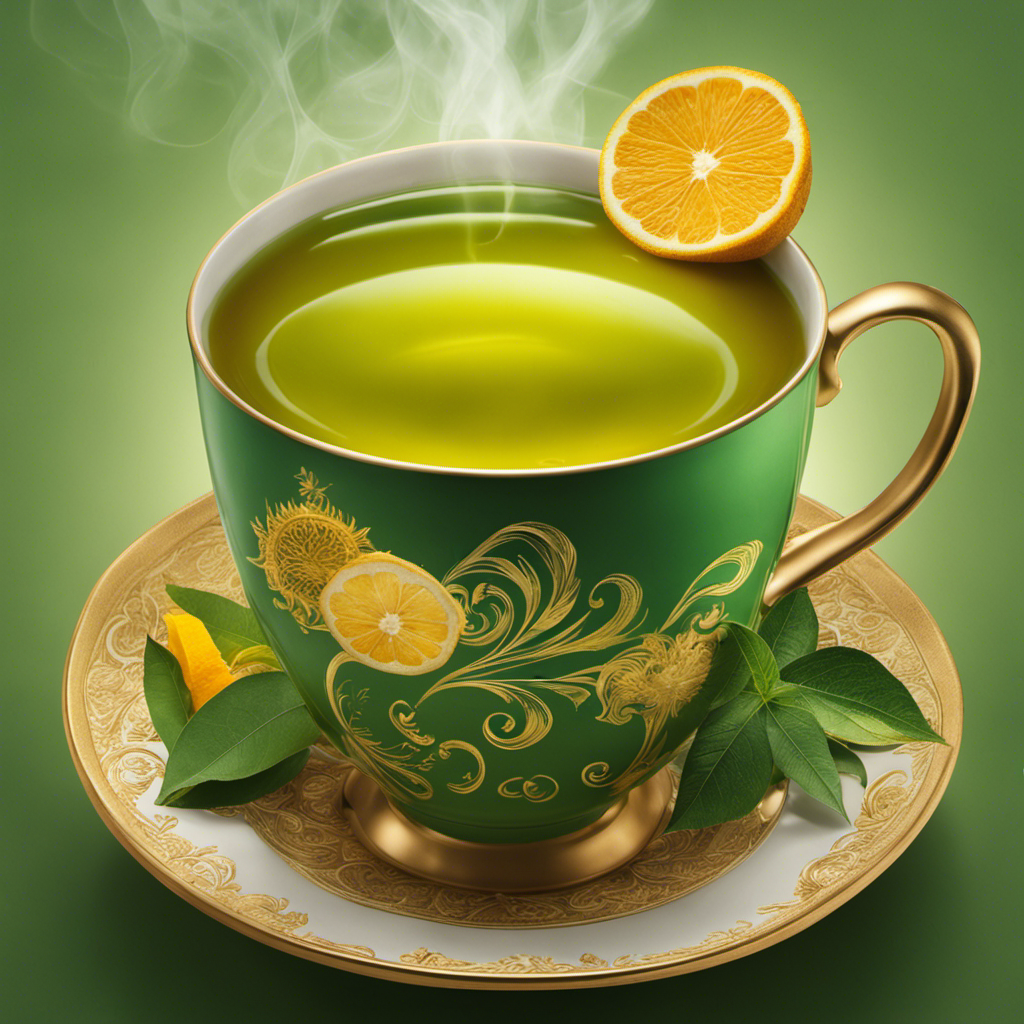 An image that captures the essence of a soothing cup of green tea infused with the vibrant hues of fresh turmeric