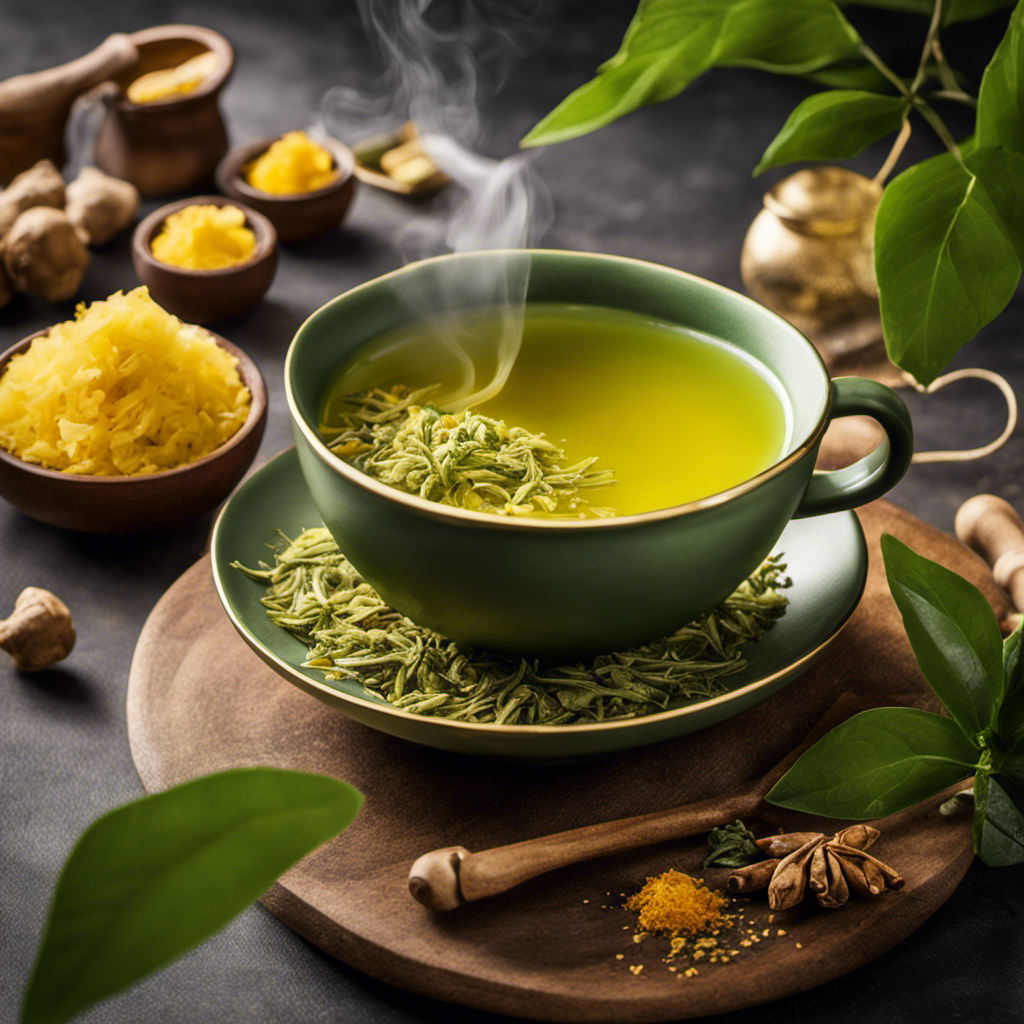 An image showcasing a steaming cup of vibrant green tea infused with freshly grated ginger and golden turmeric, with wisps of steam curling upwards, exuding warmth and earthy aromas