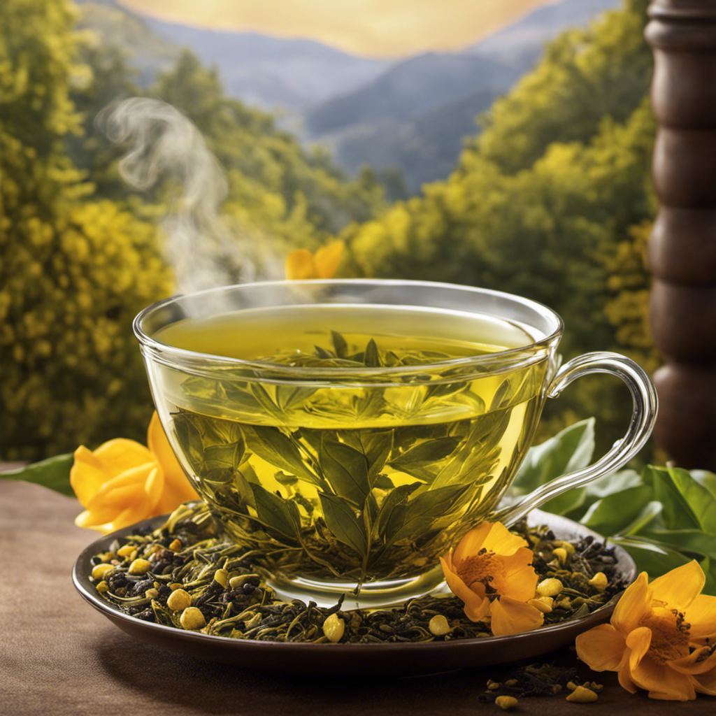 An image featuring a steaming cup of vibrant green tea, infused with golden turmeric and scattered black pepper