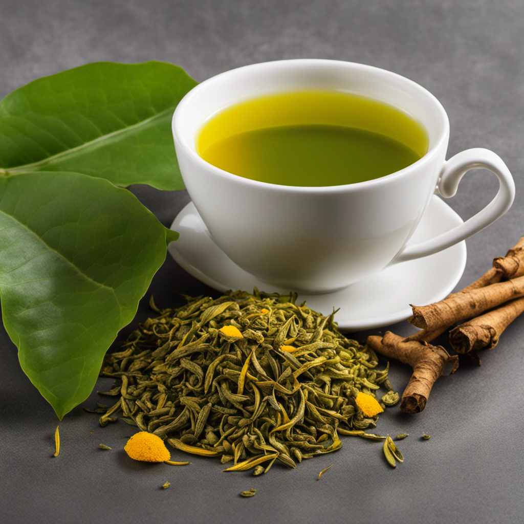 An image showcasing a steaming cup of vibrant green turmeric tea, emitting a tantalizing aroma