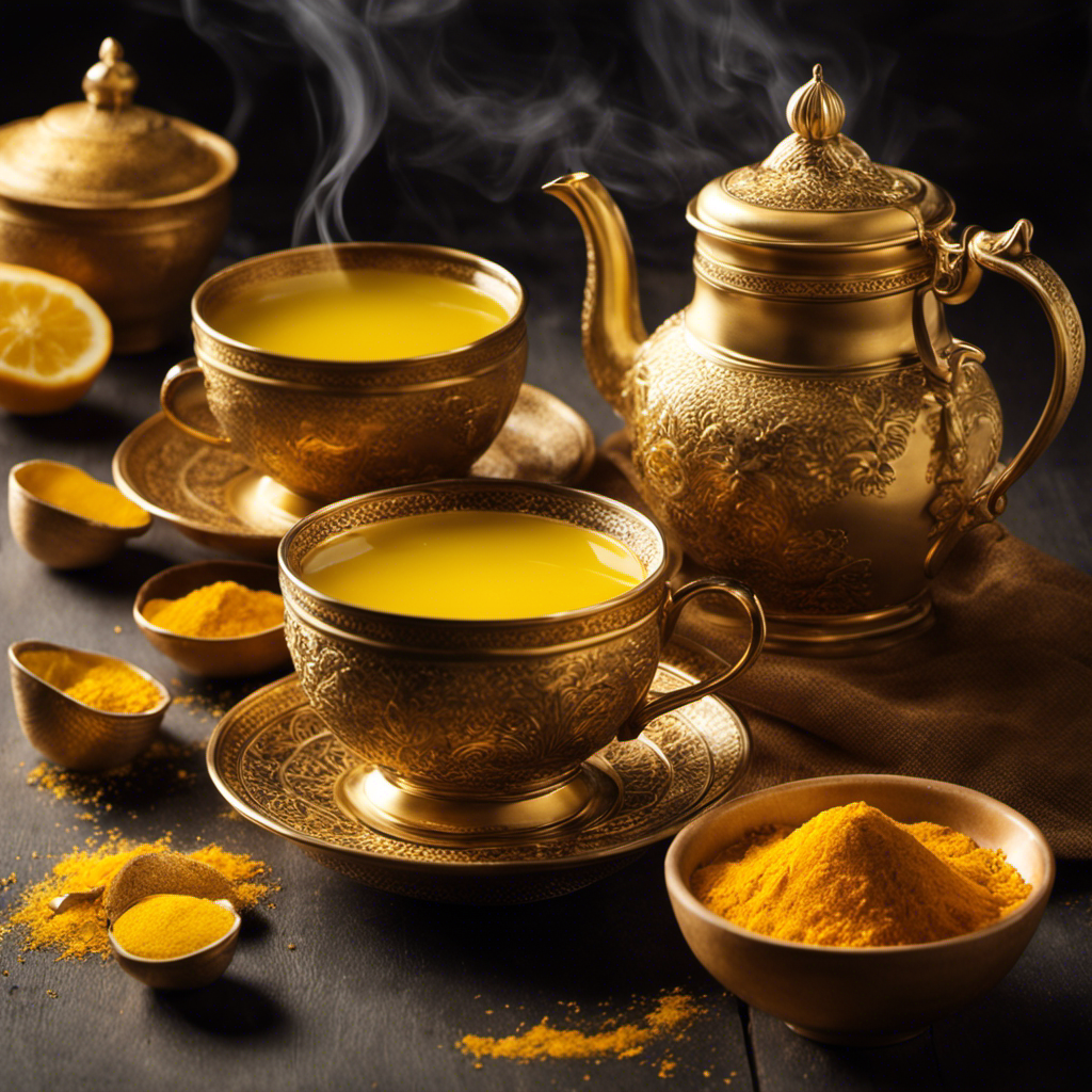 An image showcasing a steaming cup of golden turmeric tea, infused with freshly grated ground ginger