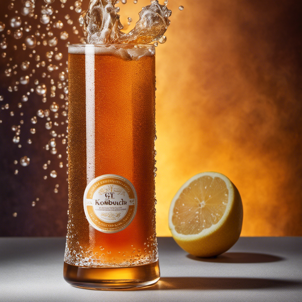 An image showcasing a tall, frosty glass of GT's Original Kombucha Tea
