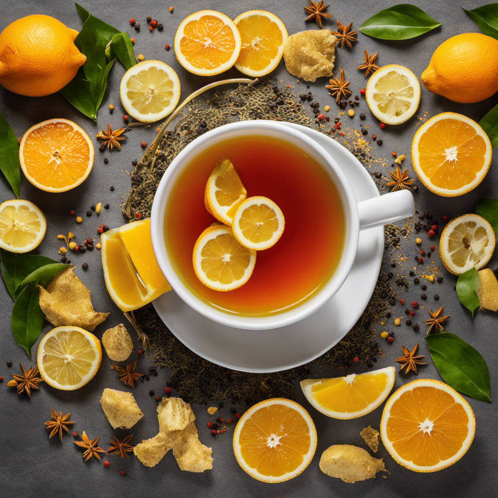An image showcasing a vibrant cup of healing tea made with freshly grated turmeric, fragrant peppercorns, zesty ginger slices, juicy orange wedges, and slices of tangy lemons, exuding warmth and rejuvenation
