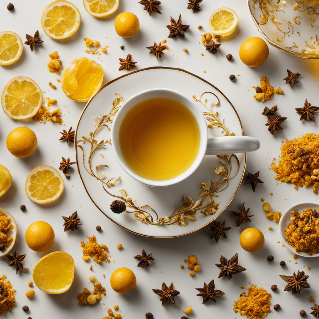 An image showcasing a steaming cup of golden-hued tea