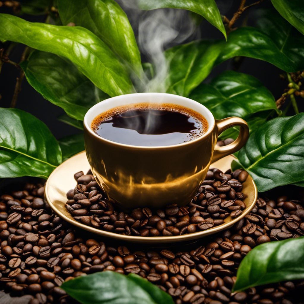 An image of a steaming cup of rich, dark coffee, surrounded by vibrant green coffee beans and lush coffee plants