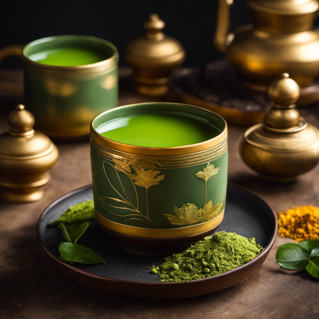 An image showcasing a vibrant, steaming cup of matcha green tea infused with golden turmeric