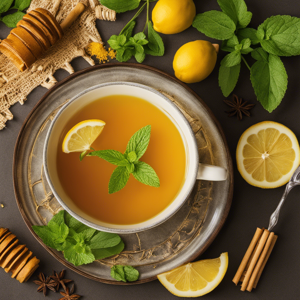 An image showcasing a steaming cup of golden turmeric honey tea, beautifully garnished with a sprig of fresh mint leaves and a slice of lemon