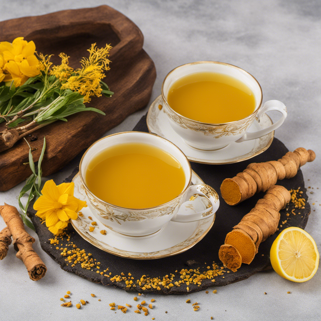 An image showcasing a steaming cup of vibrant turmeric tea, radiating golden hues