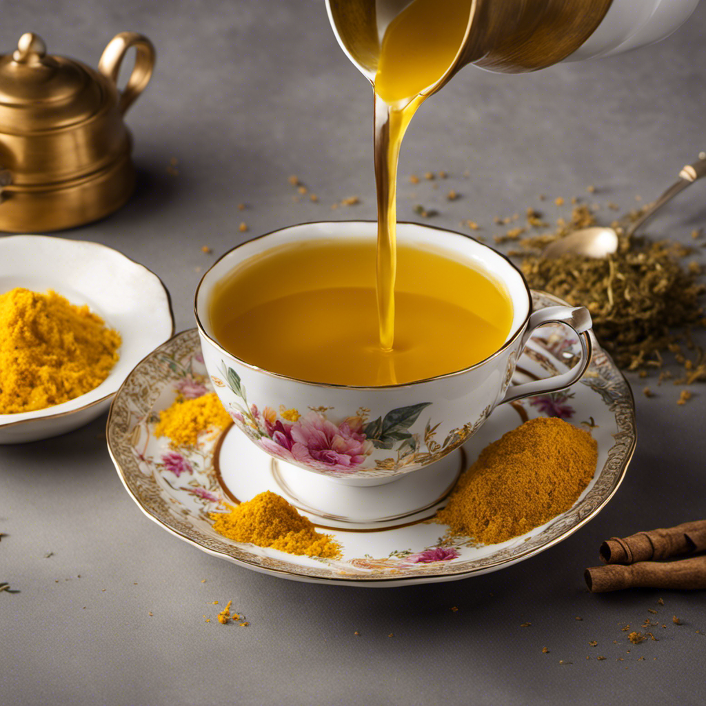 An image that showcases a vibrant yellow turmeric tea being poured into a delicate, transparent teacup