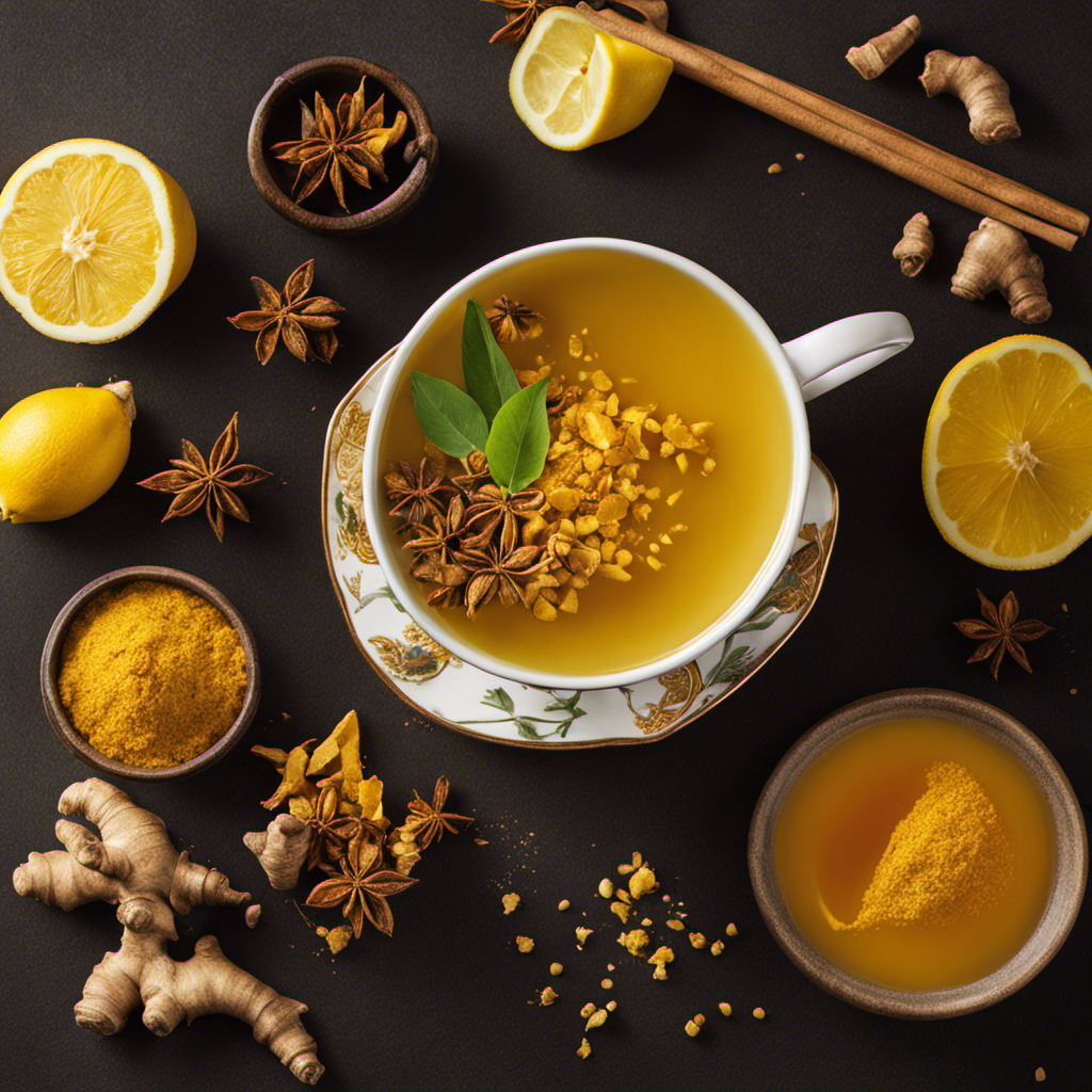 An image that showcases a vibrant cup of steaming turmeric tea, its golden hue contrasting beautifully with fresh ingredients like ginger, lemon, and honey