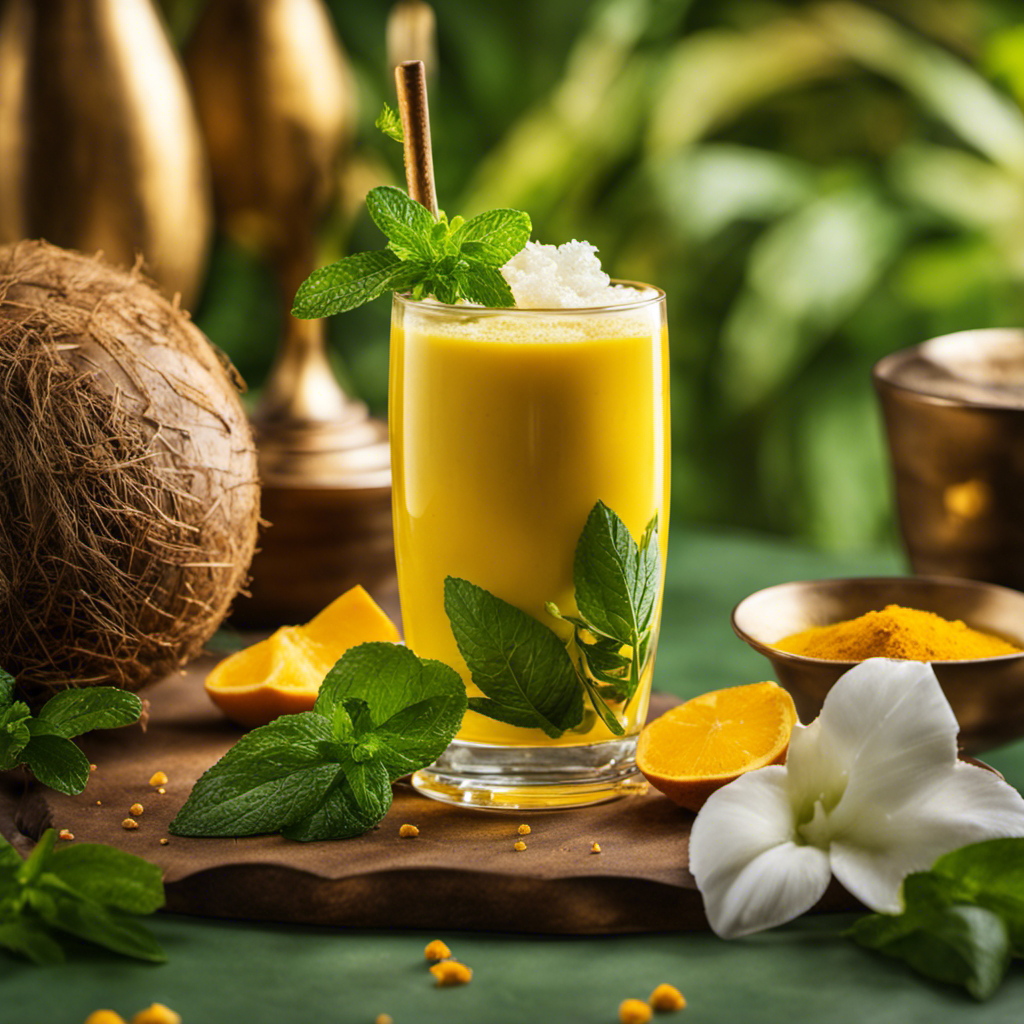 An image showcasing a refreshing glass filled with a vibrant golden blend of coconut milk, turmeric, and green tea