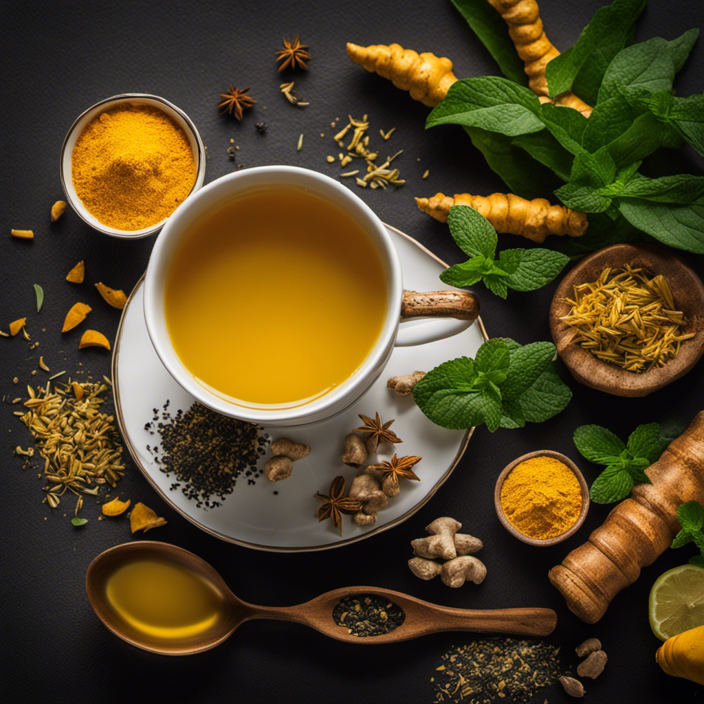 An image showcasing a steaming cup of vibrant golden Turmeric Tea, surrounded by freshly grated turmeric, ginger slices, a sprinkle of black pepper, and a sprig of fragrant mint