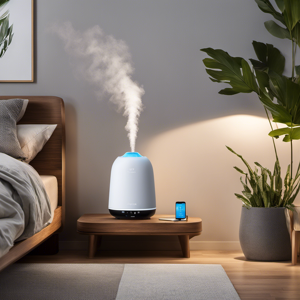 An image showcasing a serene bedroom with a Hilife humidifier placed on a nightstand, quietly emitting a cool mist