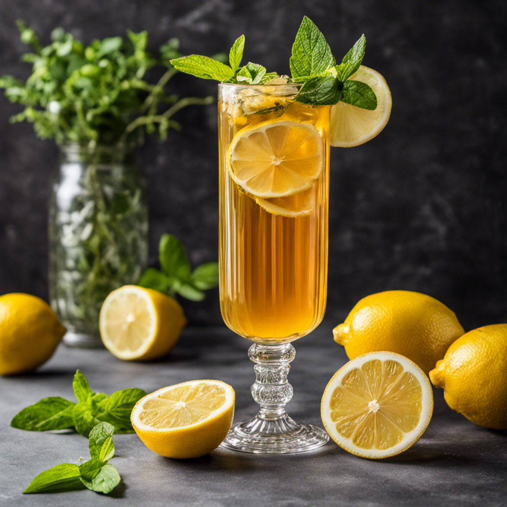 An image of a tall glass filled with vibrant golden iced tea, garnished with fresh lemon slices and sprigs of mint
