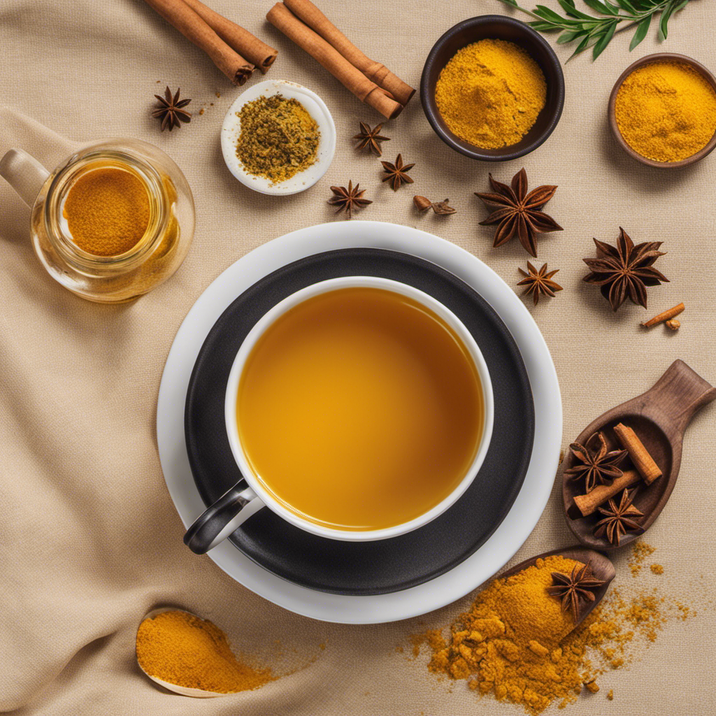 An image showcasing a steaming cup of vibrant homemade turmeric tea, gently swirling with fragrant spices