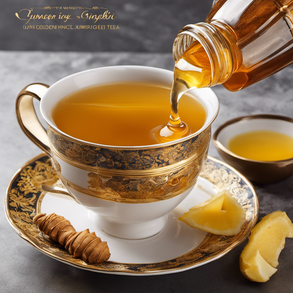 An image showcasing a steaming cup of honey ginger tea infused with the vibrant golden hue of turmeric