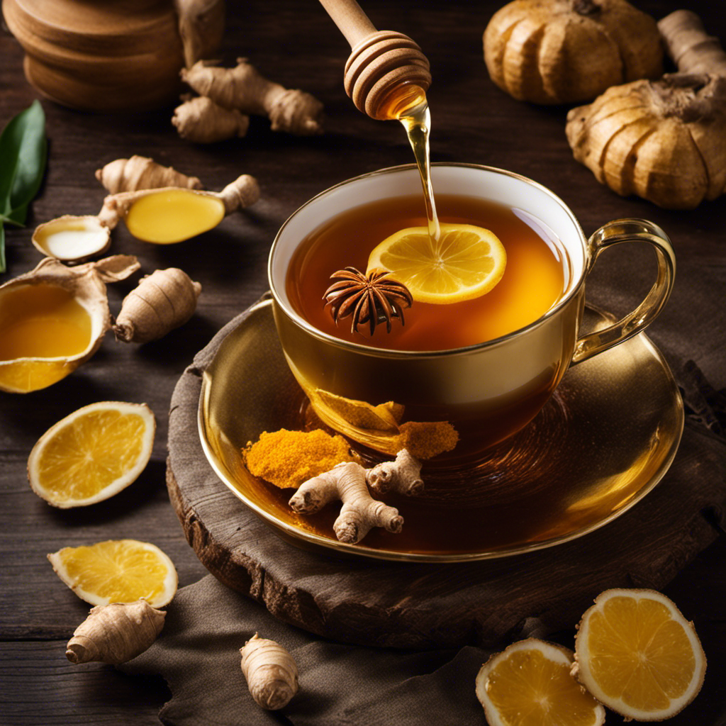 An image showcasing a steaming cup of vibrant golden Honey Ginger Tea with a hint of aromatic turmeric