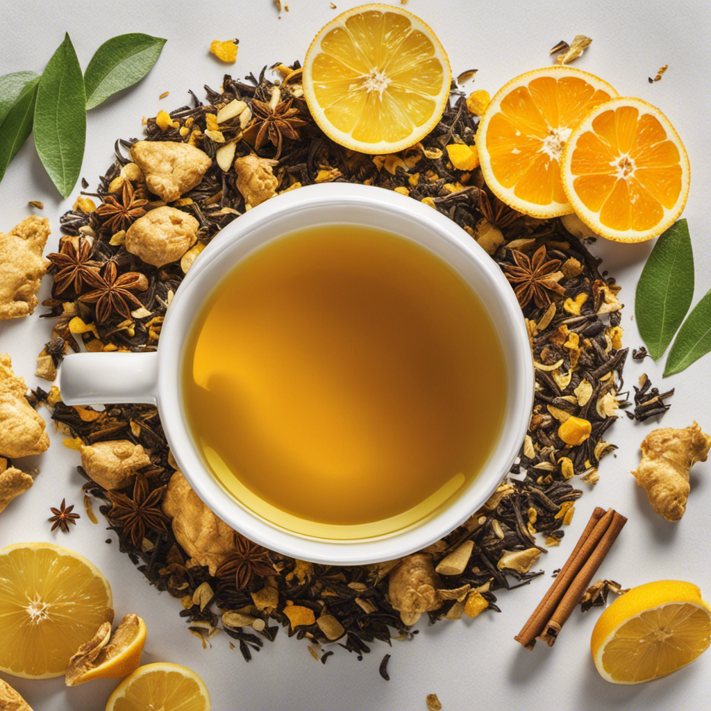An image of a steaming cup of golden wellness tea, infused with the vibrant hues of honey, ginger, turmeric, and zesty citrus fruits