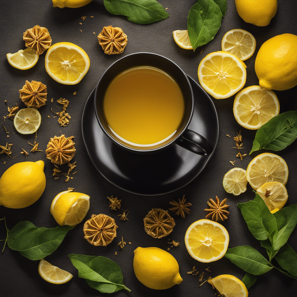 An image of a steaming cup of golden honey lemon turmeric tea, showcasing vibrant yellow hues illuminating from the cup, with fresh lemon slices and a sprinkle of turmeric on top