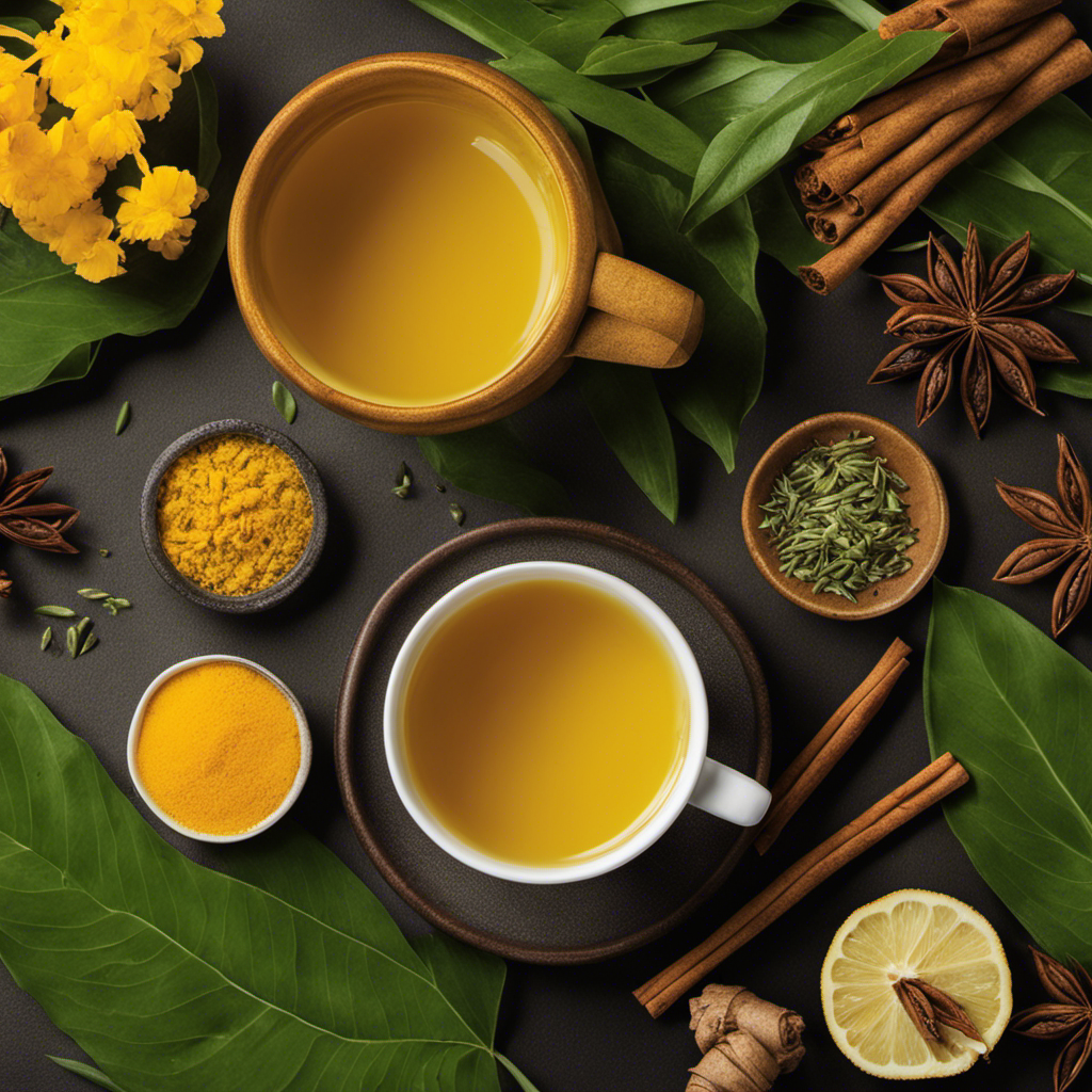 An image of a steaming cup of vibrant yellow turmeric tea, adorned with freshly grated ginger and a sprinkle of black pepper, surrounded by aromatic cinnamon sticks and a serene backdrop of lush green tea leaves