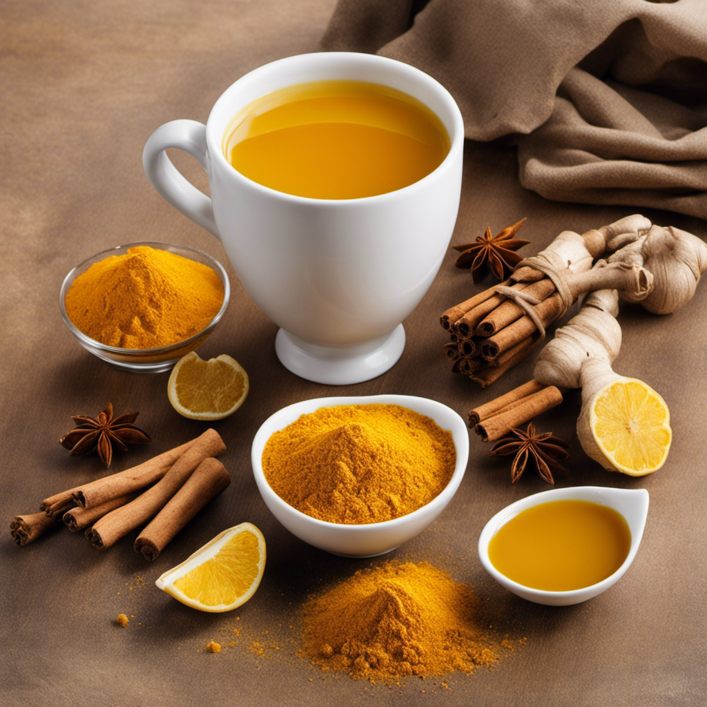 An image that captures the essence of hot turmeric tea: a steaming cup of vibrant yellow liquid, delicately swirling with fragrant spices, surrounded by fresh turmeric roots, ginger slices, and a hint of cinnamon dust