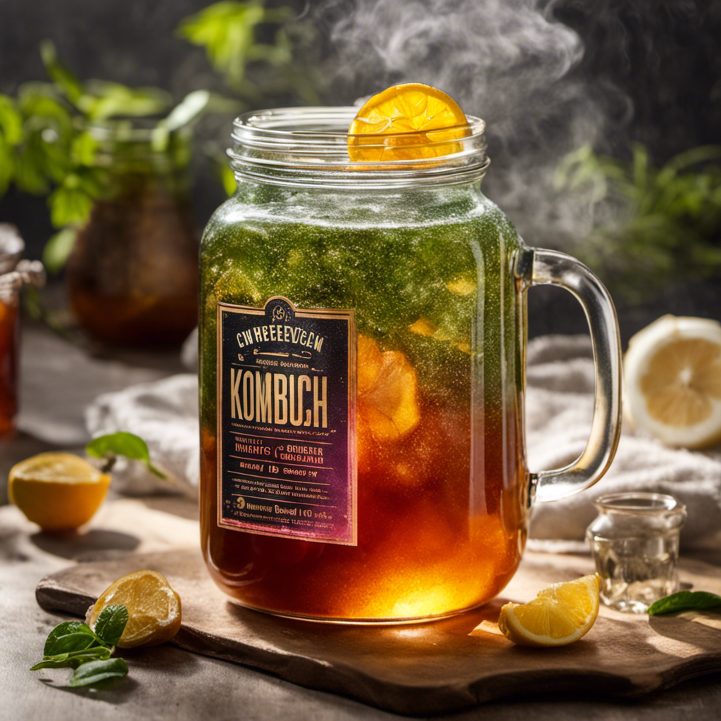 An image showcasing a glass jar filled with vibrant, effervescent kombucha, surrounded by a mesmerizing swirling mist of condensation