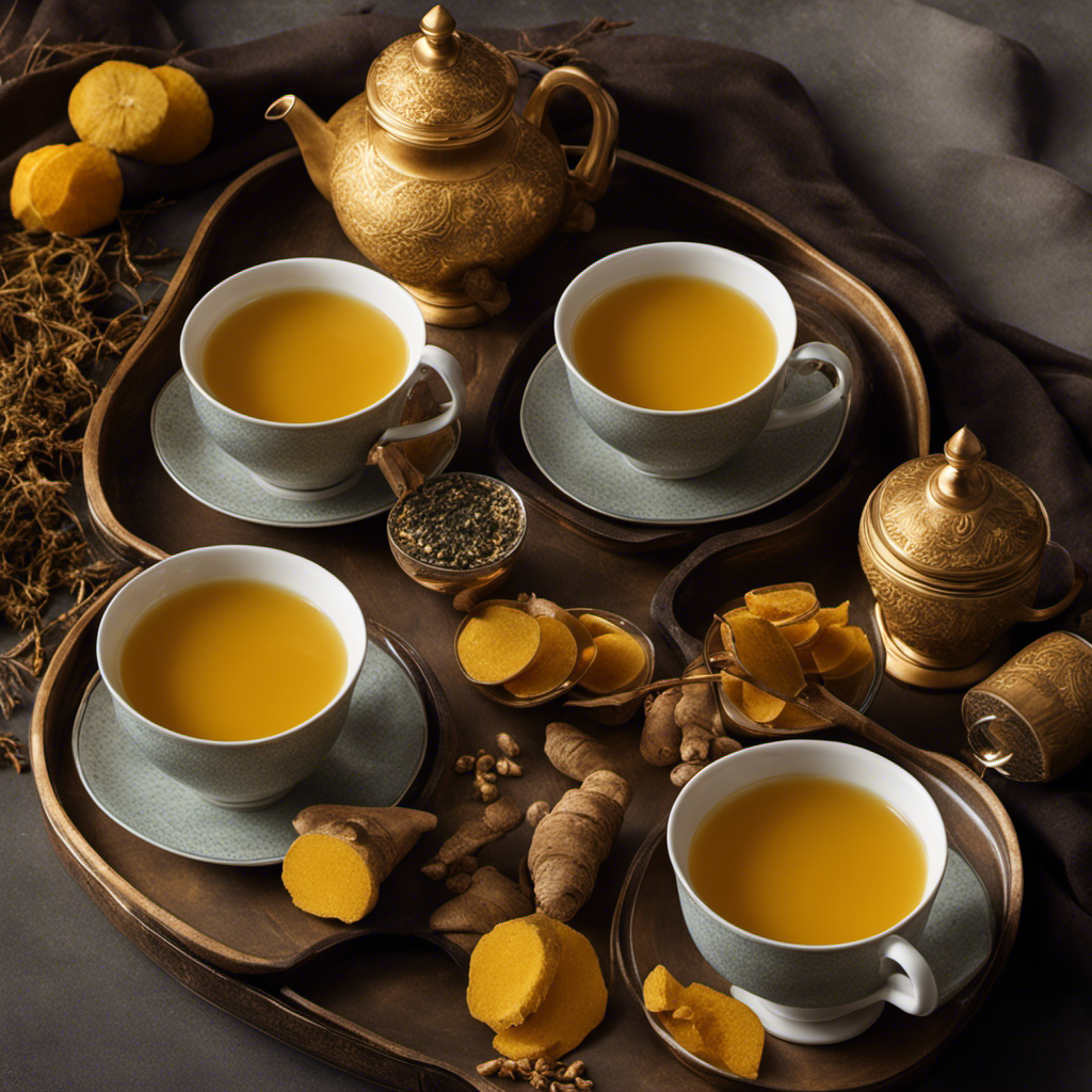 An image of a serene and cozy setting, with a tray holding three beautifully steeped cups of golden Turmeric Ginger Tea, showcasing the perfect amount for a day's consumption
