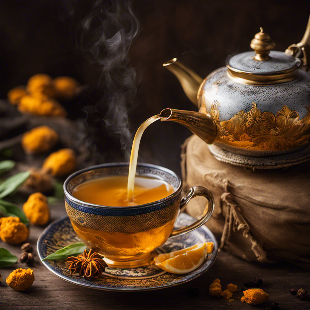 An image featuring a vibrant tea kettle pouring steaming hot water into a delicate teacup, with a close-up view of a hand grating fresh turmeric root into the cup, releasing its rich golden hue