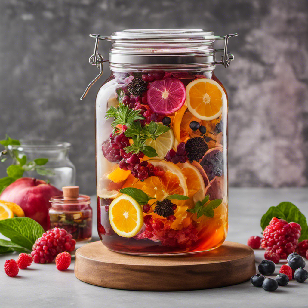 An image featuring an assortment of fresh, vibrant tea leaves, a glass jar filled with a fermenting kombucha culture, a scoby floating on the surface, and an array of colorful fruits and herbs ready for flavoring