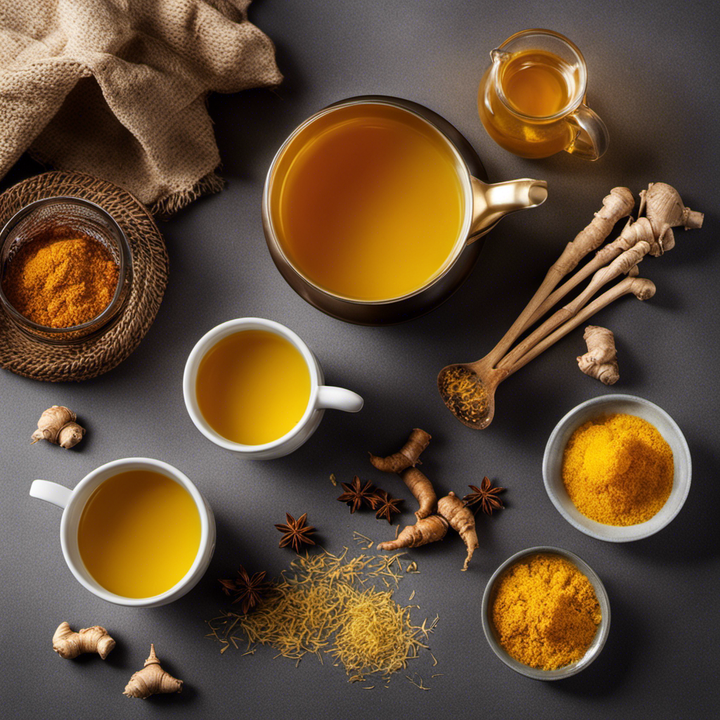 An image showcasing the step-by-step process of making turmeric ginger tea: a steaming cup filled with vibrant yellow liquid, freshly grated ginger and turmeric roots, a boiling pot, a strainer, and a serene teacup nearby