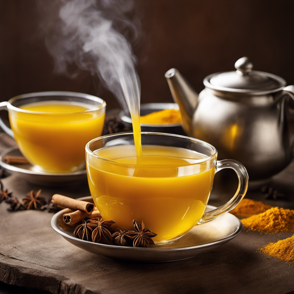 An image showcasing a steaming cup of golden turmeric root tea, infused with aromatic spices