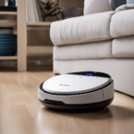 An image showcasing a person gently pressing and holding the power button on their Ecovacs Deebot, while simultaneously holding the reset button with a paperclip, as the robot's LED lights flash, indicating a successful reset