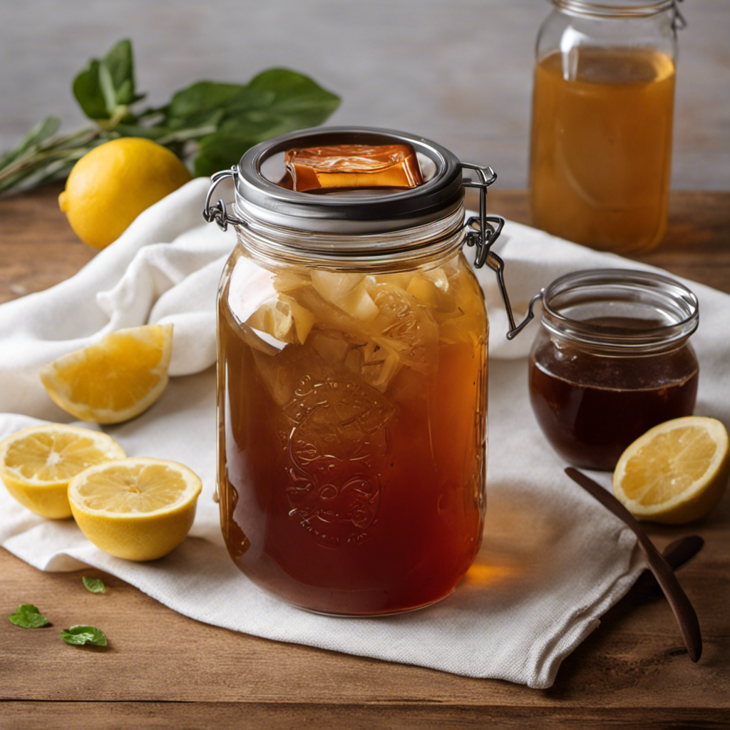 An image showing the step-by-step process of making a Kombucha tea starter: a glass jar filled with sweetened tea, a SCOBY floating inside, and a cloth cover secured with a rubber band