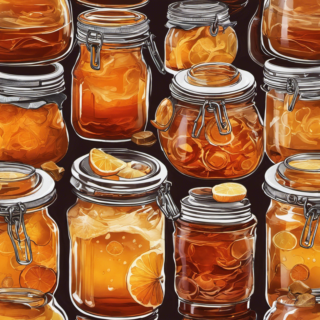 An image showcasing a vibrant glass jar filled with sweetened tea, where a thick, rubbery SCOBY (symbiotic culture of bacteria and yeast) floats on the surface, visually illustrating the fascinating process of tea conversion into tangy, effervescent kombucha