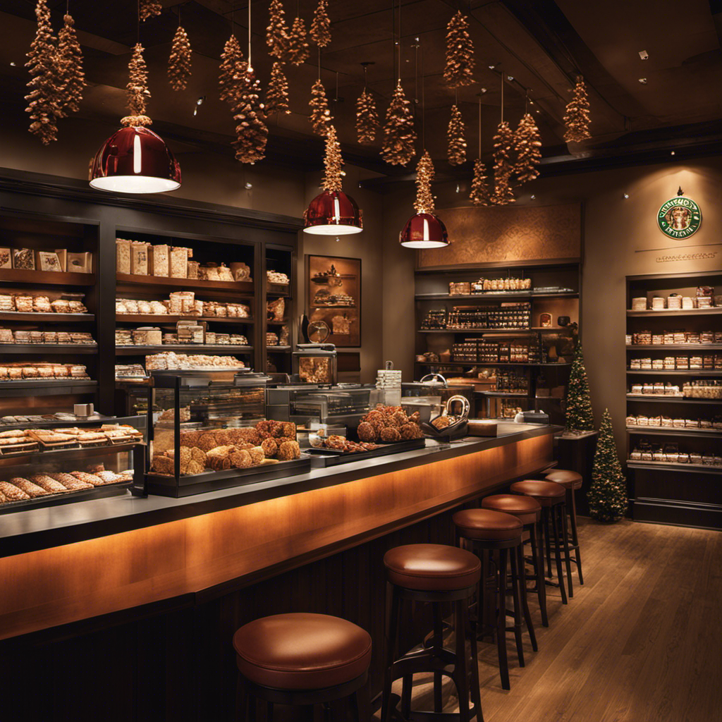 An image of a cozy Starbucks café, adorned with festive decorations and filled with delighted customers sipping on steaming cups of seasonal specialties, while the aroma of cinnamon and nutmeg fills the air