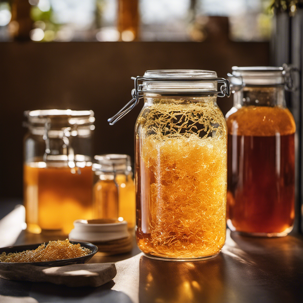 An image showcasing a glass jar filled with a fizzy golden liquid, adorned with floating strands of a scoby culture