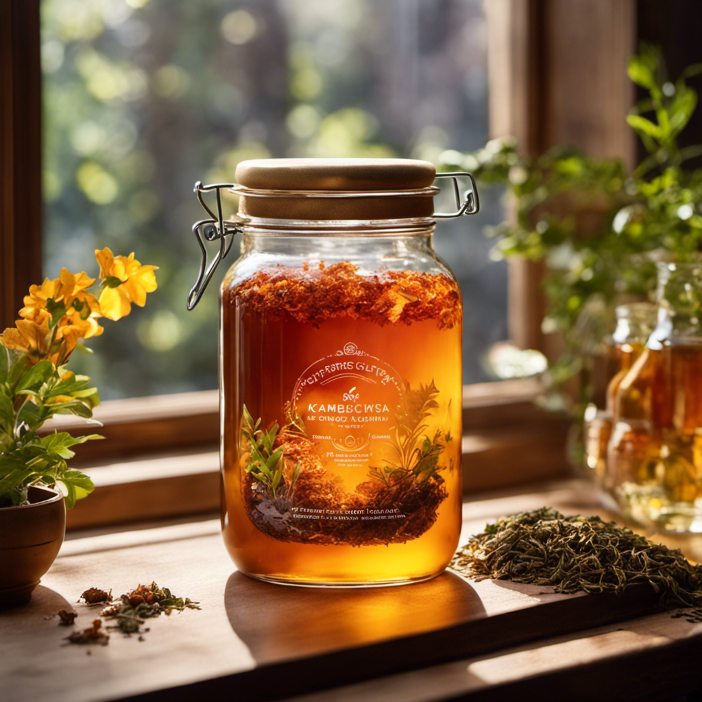 An image showcasing a pristine glass jar filled with amber-colored kombucha tea, surrounded by a vibrant array of organic ingredients like tea leaves, sugar, and a scoby, while a ray of sunlight filters through a nearby window