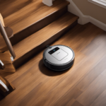 An image showcasing the Ecovacs Deebot N79W Multi-Surface Robotic Vacuum Cleaner in action, gracefully maneuvering around a flight of stairs, utilizing its advanced sensor technology to detect the drop-off and avoid any potential falls