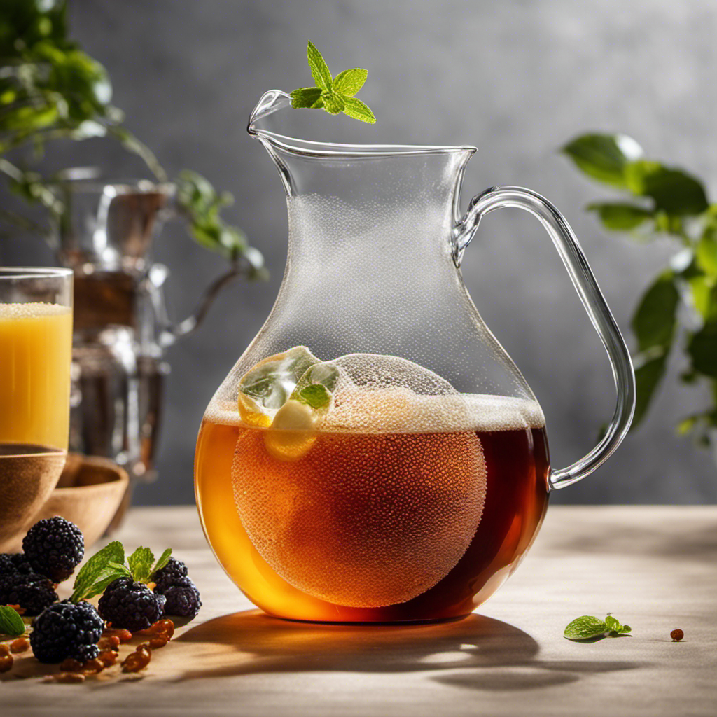 An image depicting the process of Kombucha tea balancing acid: a vibrant glass pitcher, filled with fermented tea, emitting bubbles and effervescence, while a delicate equilibrium is achieved between acidic elements and harmonizing flavors