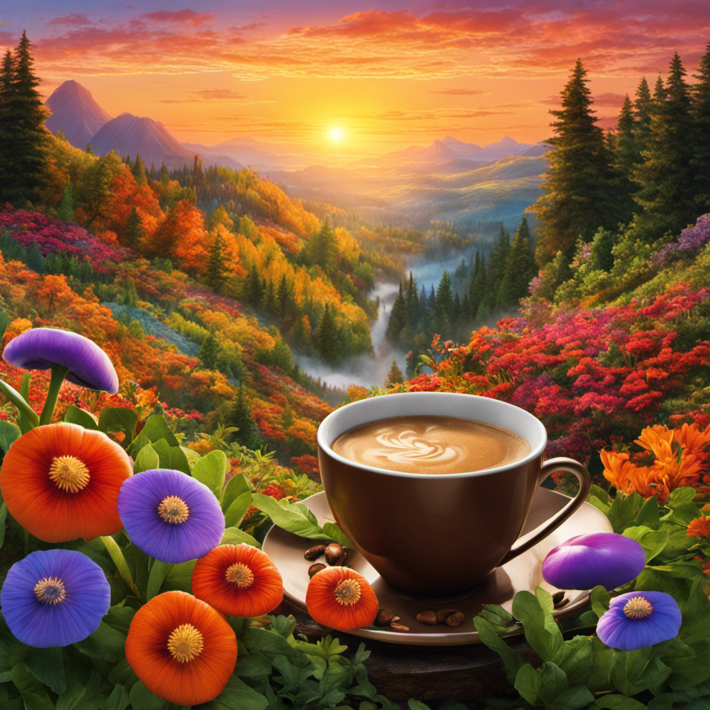 An image showcasing a vibrant morning scene with a person savoring a cup of Ryze Mushroom Coffee, radiating a healthy glow